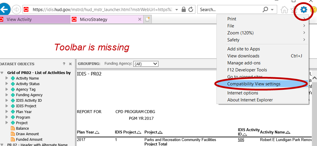 The toolbar in MicroStrategy has disappeared and I am unable to print